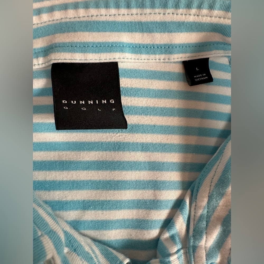 Dunning Golf Men’s Size Large Polo Short Sleeve Medium Blue & White Thin Stripe - Picture 3 of 9